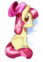 Size: 2480x3508 | Tagged: safe, artist:izuchi, apple bloom, bow, earth pony, female, filly, foal, g4, hair bow, imported from derpibooru, looking at you, pony, sitting, smiling, smiling at you, solo