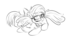 Size: 900x480 | Tagged: safe, artist:anonymous, apple bloom, babs seed, drawthread, duo, earth pony, female, filly, foal, g4, glasses, grayscale, imported from derpibooru, lying down, monochrome, pony, requested art, simple background, sleeping, snuggling, white background