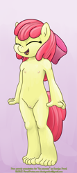 Size: 664x1500 | Tagged: explicit, artist:smudge proof, apple bloom, anthro, banned from derpibooru, barefoot, belly button, breasts, commission, delicious flat chest, feet, female, happy, imported from twibooru, lolicon, nudity, solo, solo female, underage, vulva