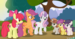 Size: 1280x674 | Tagged: safe, artist:dogpawls, apple bloom, scootaloo, sweetie belle, cutie mark crusaders, earth pony, female, filly, foal, g4, horn, imported from derpibooru, mare, mother and child, mother and daughter, offspring, older, older apple bloom, older cmc, older scootaloo, older sweetie belle, outdoors, parent:apple bloom, parent:button mash, parent:rumble, parent:scootaloo, parent:sweetie belle, parent:tender taps, parents:rumbloo, parents:sweetiemash, parents:tenderbloom, pegasus, pony, unicorn