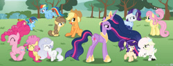 Size: 1280x486 | Tagged: safe, artist:dogpawls, applejack, fluttershy, pinkie pie, rainbow dash, rarity, twilight sparkle, alicorn, crown, earth pony, female, filly, foal, g4, hoof shoes, horn, hybrid, imported from derpibooru, interspecies offspring, jewelry, li'l cheese, mane six, mare, mother and child, mother and daughter, offspring, older, older applejack, older fluttershy, older mane six, older pinkie pie, older rainbow dash, older rarity, older twilight, older twilight sparkle (alicorn), outdoors, parent:applejack, parent:caramel, parent:discord, parent:fancypants, parent:flash sentry, parent:fluttershy, parent:rainbow dash, parent:rarity, parent:soarin', parent:twilight sparkle, parents:carajack, parents:discoshy, parents:flashlight, parents:raripants, parents:soarindash, pegasus, peytral, pony, princess shoes, princess twilight 2.0, regalia, unicorn