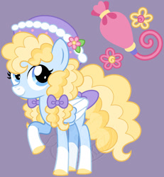 Size: 1280x1387 | Tagged: safe, artist:strawberry-spritz, oc, bow, coat markings, colored wings, female, filly, foal, hair bow, hat, imported from derpibooru, oc only, pegasus, pegasus oc, pony, purple background, quadrupedal, raised hoof, simple background, socks (coat markings), solo, tail, tail bow, teenager, watermark, wings