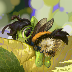 Size: 1560x1560 | Tagged: safe, artist:mouseu, oc, oc:filly anon, animal costume, antennae, bee costume, bee pony, blurry background, bokeh, clothes, costume, female, filly, flower, fluffy, foal, imported from derpibooru, insect wings, looking at you, looking back, looking back at you, oc only, original species, pollen, ponified animal photo, pony, reference in the comments, solo, tiny, tiny ponies, wings