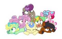 Size: 1280x809 | Tagged: safe, artist:gallantserver, oc, oc:acorn oak, oc:bronze glimmer, oc:charity, oc:chorus flower, oc:harry, oc:ruby apple, oc:twixx, oc:twizz, base used, coat markings, colt, earth pony, earth pony oc, eyes closed, female, filly, foal, group, horn, hybrid, imported from derpibooru, lying down, magical lesbian spawn, male, oc only, offspring, parent:apple bloom, parent:autumn blaze, parent:bon bon, parent:button mash, parent:diamond tiara, parent:king sombra, parent:lyra heartstrings, parent:pipsqueak, parent:princess flurry heart, parent:radiant hope, parent:sweetie belle, parent:zecora, parents:flurrybloom, parents:hopebra, parents:lyrabon, parents:piptiara, parents:sweetiemash, pony, pony pile, prone, quadrupedal, septet, simple background, sploot, transparent background, unicorn, unicorn oc, zebroid, zony