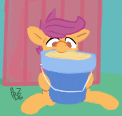 Size: 443x421 | Tagged: safe, artist:ponballoon, scootaloo, bucket, digital art, eating, eating sand, female, filly, foal, g4, imported from derpibooru, no pupils, pony, sand, sandaloo, sitting, solo, source needed, useless source url