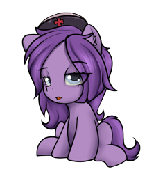 Size: 629x741 | Tagged: safe, artist:dumbwoofer, oc, oc:night drift, :p, cute, ear fluff, earth pony, earth pony oc, female, filly, foal, gray eyes, hat, imported from derpibooru, lidded eyes, neutral expression, nurse, nurse hat, oc only, pony, purple coat, purple hair, purple mane, simple background, sitting, solo, tongue out, transparent background