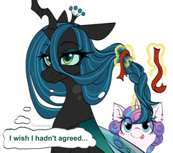 Size: 1913x1689 | Tagged: safe, artist:avrameow, princess flurry heart, queen chrysalis, alicorn, auntie chrissy, braiding, changeling, duo, female, filly, foal, g4, imported from derpibooru, magic, pony, queen chrysalis is not amused, ribbon, simple background, telekinesis, thought bubble, tongue out, unamused, white background