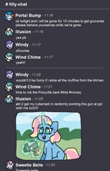 Size: 1842x2859 | Tagged: safe, artist:idadeerz, sweetie belle, oc, oc:illusion, oc:portal bump, oc:wind chime (idadeerz), chat, digital art, discord (program), female, filly, foal, g4, gun, horn, implied twilight sparkle, imported from derpibooru, magic, message, ms paint, pegasus, pointing gun, pony, telekinesis, text, this will end in death, this will end in jail time, this will end in tears, this will end in tears and/or death, this will end in tears and/or death and/or covered in tree sap, unicorn, weapon, wind sprint
