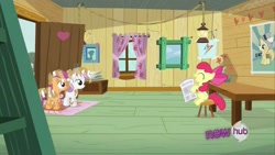 Size: 1280x720 | Tagged: safe, apple bloom, scootaloo, sweetie belle, clubhouse, crusaders clubhouse, cute, cutie mark crusaders, earth pony, female, filly, foal, g4, horn, hub logo, imported from derpibooru, indoors, laughing, logo, majestic as fuck, my little pony: friendship is magic, newspaper, noi, pegasus, pony, ponyville confidential, screencap, stool, the hub, unicorn