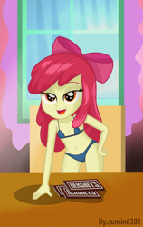 Size: 1156x1827 | Tagged: suggestive, artist:sumin6301, apple bloom, banned from derpibooru, bedroom eyes, bra, breasts, chocolate, clothes, delicious flat chest, edit, equestria girls, female, food, hershey bar, imported from twibooru, lolicon, looking at you, panties, small breasts, solo, solo female, underage, underwear, underwear edit