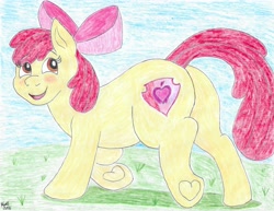 Size: 4385x3390 | Tagged: safe, artist:bluegreen369, apple bloom, adorabloom, apple bloom's bow, blushing, bow, butt, cute, earth pony, eye clipping through hair, eyebrows, eyebrows visible through hair, female, field, filly, foal, frog (hoof), g4, hair bow, hoof heart, imported from derpibooru, looking at you, looking back, outdoors, plot, pony, raised hoof, sky, smiling, solo, traditional art, underhoof