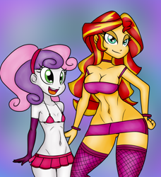 Size: 1137x1244 | Tagged: suggestive, artist:reiduran, sweetie belle, banned from derpibooru, bimbo, breasts, busty sunset shimmer, clothes, color edit, colored, delicious flat chest, edit, equestria girls, implied foalcon, imported from twibooru, lolicon, miniskirt, skirt, slutty sunset shimmer, sunset shimmer, this will end in jail time, underage