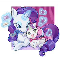 Size: 1250x1188 | Tagged: safe, artist:milkat-sprout, rarity, sweetie belle, blank flank, bow, bowtie, clip studio paint, cuddling, curtains, cute, diasweetes, digital art, duo, duo female, ear piercing, earring, eyeshadow, family, female, filly, floppy ears, foal, full body, g4, hooves, horn, imported from derpibooru, jewelry, looking at each other, looking at someone, lying down, magic, makeup, mare, necklace, passepartout, piercing, pony, prone, sibling love, siblings, sisterly love, sisters, smiling, telekinesis, unicorn, watermark, wholesome