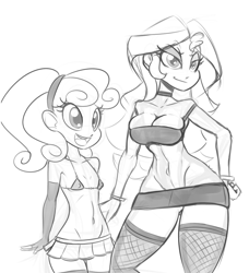 Size: 1137x1244 | Tagged: questionable, artist:reiduran, sweetie belle, banned from derpibooru, bimbo, bra, clothes, erect nipples, evening gloves, fishnets, gloves, human, humanized, imported from twibooru, lolicon, long gloves, monochrome, slut, sunset shimmer, this will end in jail time, underage, underwear