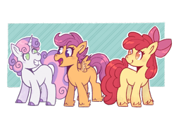 Size: 1241x798 | Tagged: safe, artist:wholesomeponies, apple bloom, scootaloo, sweetie belle, best friends, bow, cutie mark crusaders, earth pony, eyelashes, female, fetlock tuft, filly, foal, freckles, full body, g4, hair bow, hooves, horn, imported from derpibooru, looking at each other, looking at someone, multicolored hair, pegasus, pony, short hair, simple background, smiling, smiling at each other, tomboy, transparent background, unicorn, unshorn fetlocks