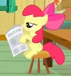 Size: 1080x1152 | Tagged: safe, apple bloom, bedroom eyes, clubhouse, cropped, crusaders clubhouse, earth pony, female, filly, foal, g4, imported from derpibooru, indoors, my little pony: friendship is magic, needs more jpeg, newspaper, pony, ponyville confidential, screencap, season 2, solo, stool