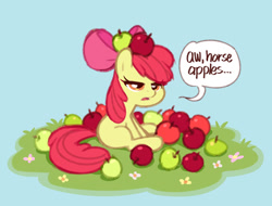 Size: 700x532 | Tagged: safe, artist:miu, apple bloom, apple, apple bloom is not amused, apple on head, blank flank, dialogue, earth pony, female, filly, flower, foal, food, g4, grass, imported from derpibooru, lidded eyes, light blue background, open mouth, pony, simple background, sitting, solo, speech bubble, unamused
