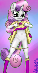 Size: 1150x2212 | Tagged: explicit, artist:anibaruthecat, sweetie belle, anthro, banned from derpibooru, belly button, breasts, clothes, delicious flat chest, dress, exhibitionism, female, imported from twibooru, lolicon, nudity, panties, panties around legs, panties pulled down, skirt, skirt lift, solo, solo female, underage, underwear, vulva, yellow underwear