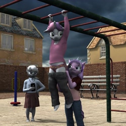 Size: 3000x3000 | Tagged: suggestive, artist:tahublade7, diamond tiara, silver spoon, sweetie belle, 3d, absurd resolution, anthro, banned from derpibooru, bully, bullying, clothes, daz studio, flower pattern underwear, frilly underwear, humiliation, imported from twibooru, iphone, lolicon, mean, panties, pantsing, pink underwear, playground, sonichu, underage, underwear