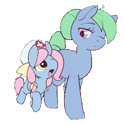 Size: 581x580 | Tagged: safe, artist:storyteller, oc, oc:tenderheart, oc:tenderheart (tender), animated, blue fur, bow, curved horn, cute, duo, earth pony, female, filly, foal, g4, gif, green mane, hair bow, hair bun, hat, horn, imported from derpibooru, leonine tail, looking at each other, looking at someone, mare, nurse hat, nurse tenderheart, pink eyes, pink mane, pony, prancing, simple background, tail, trotting, unicorn, walking, yellow eyes