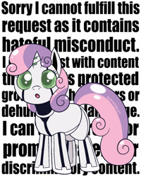 Size: 1080x1350 | Tagged: safe, artist:glompsalot, sweetie belle, :o, colored pupils, female, filly, foal, g4, horn, imported from derpibooru, large language model, looking at you, open mouth, pony, robot, robot pony, solo, standing, sweetie bot, text, unicorn