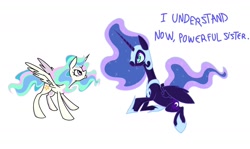 Size: 1694x1007 | Tagged: safe, artist:madeiros dashi, princess celestia, alicorn, angry, apology, armor, cewestia, cute, female, filly, flowing mane, flowing tail, foal, g4, hoof hold, hoof shoes, imported from derpibooru, leaning, lips, looking at each other, looking at someone, nightmare moon, peytral, pouting, scolding, simple background, sitting, smaller female, spread legs, spread wings, spreading, tail, white background, wings, younger