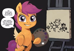 Size: 3197x2223 | Tagged: safe, artist:miscuitsxd, rainbow dash, scootaloo, black background, bob ross, easel, female, filly, foal, g4, high res, hoof hold, imported from derpibooru, looking at you, magnetic hooves, paint palette, paintbrush, pegasus, pony, simple background, smiling, smiling at you, solo, speech bubble, stick pony, talking to viewer