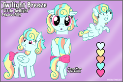 Size: 4500x3000 | Tagged: safe, artist:bridle timeout, oc, oc:little twilight, 2026, :o, bow, butt, character name, eyes closed, female, filly, flying, foal, grin, high res, imported from derpibooru, looking at you, multiple views, oc only, offspring, open mouth, parent:oc:bridle timeout, parent:zephyr breeze, parents:briphyr, parents:canon x oc, pegasus, pink eyes, plot, pony, reference sheet, smiling, solo, spread wings, tail, tail bow, turned head, wings