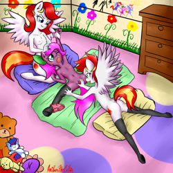 Size: 1700x1700 | Tagged: explicit, grimdark, artist:anibaruthecat, oc, oc:lotus heat, oc:petal spark, oc:sparkle star, age difference, anthro, banned from derpibooru, clothes, drool, drool string, female, horn, hornjob, imported from twibooru, lesbian, licking, lolicon, mare on filly, molestation, nudity, oc only, panties, panties around leg, panties pulled down, personal space invasion, rape, sex, stockings, thigh highs, tongue out, twins, underage, underwear, vagina