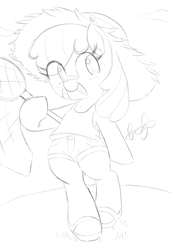 Size: 1051x1536 | Tagged: safe, artist:spoonie, apple bloom, band-aid, clothes, earth pony, female, filly, foal, g4, hat, imported from derpibooru, pony, quadrupedal, shoes, shorts, sketch, solo, straw hat