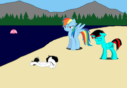 Size: 1448x1000 | Tagged: safe, artist:jawsandgumballfan24, rainbow dash, oc, oc:jawsandgumballfan24, alicorn, angry, angry rainbow dash, ball, beach, beach ball, closed mouth, colt, eyes closed, female, foal, folded wings, frown, g4, imported from derpibooru, male, mare, narrowed eyes, outdoors, pegasus, pony, pony creator, rainbow dash is not amused, rumble, sad, screaming, shadow, spread wings, stallion, tantrum, tree, trio, unamused, water, wings