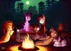 Size: 3771x2714 | Tagged: safe, artist:jowyb, twilight sparkle, oc, oc:blue dream, oc:freebie, barrel, bat pony, bat wings, building, campfire, couch, female, filly, foal, g4, imported from derpibooru, lying down, mare, moon, night, outdoors, roseluck, sitting, spitfire, wings