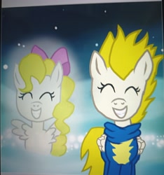 Size: 2778x2965 | Tagged: safe, artist:oumirot, comic:surprise and smile, bowtie, clothes, female, filly, filly surprise, foal, g1, g1 to g4, g4, generation leap, imported from derpibooru, photo, picture of a screen, pony, surprise, surprise (g4), uniform, wonderbolts, wonderbolts uniform
