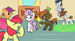 Size: 1860x1024 | Tagged: safe, artist:rorycon, apple bloom, button mash, scootaloo, sweetie belle, blushing, bouquet, colored, colt, cutie mark crusaders, drawthread, earth pony, female, filly, flat colors, flower, flying, foal, g4, grin, group, horn, imported from derpibooru, laughing, male, open mouth, open smile, pegasus, pipsqueak, pony, raised hoof, requested art, rumble, sextet, ship:sweetiemash, shipping, smiling, standing, straight, unicorn