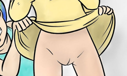Size: 864x522 | Tagged: explicit, artist:megasweet, editor:zeklullaby, fluttershy, rainbow dash, banned from derpibooru, bottomless, clothes, edit, female, human, human coloration, humanized, imported from twibooru, lolicon, no panties, nudity, skirt, skirt lift, underage, vagina