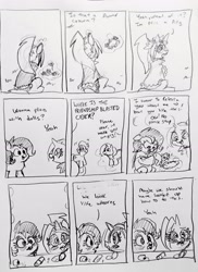 Size: 2108x2897 | Tagged: safe, artist:pony quarantine, oc, oc:dyx, oc:filly anon, series:pq funnies, alicorn, comic, comic strip, dialogue, duo, duo female, earth pony, female, filly, floral head wreath, flower, foal, grayscale, imported from derpibooru, makeup, monochrome, oc only, pencil drawing, pony, sitting, toy, traditional art, vulgar