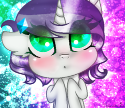 Size: 489x424 | Tagged: safe, artist:selenedalune, oc, oc:valeria jem dragon sparkle, abstract background, blushing, dracony, eye clipping through hair, female, filly, foal, hair ornament, hybrid, imported from derpibooru, interspecies offspring, lidded eyes, looking up, oc only, offspring, parent:rarity, parent:spike, parents:sparity, solo