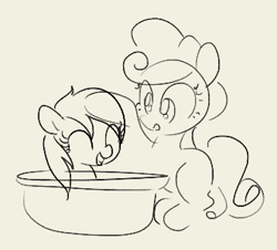 Size: 358x324 | Tagged: safe, artist:algoatall, bathtub, doodle, duo, duo female, eyes closed, female, filly, foal, g4, imported from derpibooru, mare, monochrome, noi, open mouth, open smile, pony, sketch, smiling