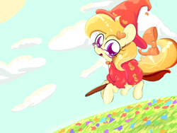Size: 1823x1374 | Tagged: safe, artist:violavaquita, bow, broom, clothes, dress, female, filly, flying, flying broomstick, foal, g4, glasses, hat, imported from derpibooru, noi, outdoors, pony, solo, tail, tail bow, witch hat