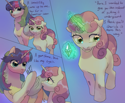 Size: 1700x1400 | Tagged: safe, artist:abbytabbys, sweetie belle, oc, oc:patches-o-plenty, series:forever together au, alicorn, appleflaritwidashpie, comic, crying, duo, female, filly, foal, fusion, fusion:applejack, fusion:fluttershy, fusion:pinkie pie, fusion:rainbow dash, fusion:rarity, fusion:twilight sparkle, g4, gem, hairclip, horn, implied death, implied rarity, imported from derpibooru, magic, mare, pony, present, teary eyes, telekinesis, unicorn