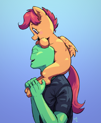 Size: 2200x2700 | Tagged: safe, artist:mareoinaddict, scootaloo, oc, oc:anon, blank flank, blushing, clothes, cute, duo, female, filly, foal, g4, gradient background, human, human and pony, imported from derpibooru, pegasus, ponies riding humans, pony, riding, shirt, shoulder ride, signature, sitting, smiling