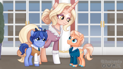 Size: 1920x1080 | Tagged: safe, artist:limedazzle, oc, oc:carson, oc:james, oc:lena, clothes, colt, eye clipping through hair, female, foal, frown, goat, goat pony, hoof on back, horn, imported from derpibooru, jewelry, looking at each other, looking at someone, male, mare, necklace, necktie, oc only, pearl necklace, pony, potted plant, smiling, smiling at each other, trio, unicorn, watermark