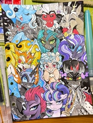 Size: 1536x2048 | Tagged: safe, artist:wuyou, queen chrysalis, starlight glimmer, tempest shadow, alicorn, alicorn amulet, alicornified, centaur, changeling, changeling queen, cozy glow, cozycorn, daybreaker, discord, draconequus, eyes closed, female, filly, foal, frown, g4, grin, horn, imported from derpibooru, king sombra, looking at you, lord tirek, male, mare, nightmare moon, nightmare rarity, open mouth, open smile, parasprite, pegasus, pony, race swap, s5 starlight, siblings, sisters, smiling, smiling at you, staff, staff of sameness, stallion, taur, tongue out, traditional art, trixie, unicorn, villains of equestria