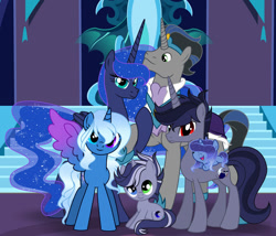 Size: 1280x1096 | Tagged: safe, artist:moonlightmelodyyt, princess luna, oc, oc:asttele mitsuki moonlight yukinnah melody, oc:daku kurayami, oc:stellaris raven, oc:yoru kuragari, alicorn, baby, baby pony, colt, female, filly, foal, g4, good king sombra, horn, imported from derpibooru, king sombra, male, mare, offspring, parent:king sombra, parent:princess luna, parents:lumbra, pony, ship:lumbra, shipping, stallion, straight, unicorn