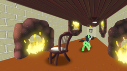 Size: 1920x1080 | Tagged: safe, oc, oc:filly anon, amnesia: the dark descent, anonymous artist, chair, female, filly, fire, fireplace, foal, g4, hallway, horn, imported from derpibooru, indoors, lineless, no pupils, oc only, open mouth, pony, solo, the small horse, unicorn, upside down, walking