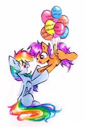 Size: 2012x2968 | Tagged: safe, artist:liaaqila, rainbow dash, scootaloo, balloon, commission, cute, cutealoo, daaaaaaaaaaaw, dashabetes, duo, duo female, eye clipping through hair, female, filly, floating, flying, foal, g4, happy, implied scootachicken, imported from derpibooru, liaaqila is trying to murder us, looking at each other, looking at someone, mare, open mouth, open smile, pegasus, pony, simple background, smiling, traditional art, white background, wholesome