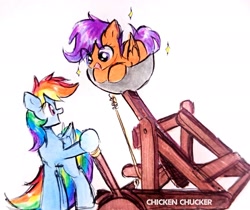 Size: 2633x2209 | Tagged: safe, artist:liaaqila, rainbow dash, scootaloo, catapult, cute, cutealoo, dashabetes, duo, female, filly, foal, g4, happy, implied scootachicken, imported from derpibooru, mare, meme, open mouth, open smile, pegasus, pony, rainbow dumb, scootachicken, simple background, smiling, this will end in tears and/or death and/or covered in tree sap, traditional art, white background