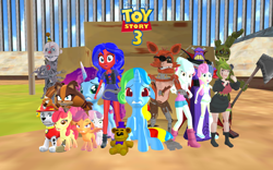 Size: 1920x1200 | Tagged: safe, artist:puzzls2, apple bloom, scootaloo, sweetie belle, oc, oc:optimus sparkle, oc:puzzle shield, 3d, axe, bon bon, box, crossover, cutie mark crusaders, earth pony, ennard, equestria girls, evil emperor zurg, female, filly, five nights at freddy's, foal, foxy, fredbear, g4, g5, horn, human, imported from derpibooru, lyra heartstrings, marshall (paw patrol), melony (smg4), misty brightdawn, mmd, mobian, paw patrol, pegasus, pony, rewrite, sonic boom, sonic the hedgehog (series), springtrap, sticks the badger, sweetie drops, toy story 3, unicorn, weapon