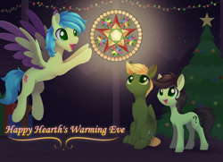 Size: 3324x2412 | Tagged: safe, artist:dusthiel, oc, oc:emerald sprint, oc:filly anon, oc:murky, christmas, christmas lights, christmas tree, colored pupils, colored wings, commission, earth pony, fallout equestria, fallout equestria: murky number seven, fanfic art, female, filly, foal, hearth's warming eve, holiday, imported from derpibooru, night, oc only, open mouth, open smile, pegasus, pony, secret santa, smiling, stars, tree, trio, wings, winter