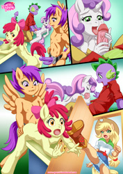 Size: 1024x1448 | Tagged: explicit, artist:bbmbbf, apple bloom, applejack, scootaloo, spike, sweetie belle, comic:also rarity, anthro, banned from derpibooru, blowjob, breasts, caught, clothes, comic, delicious flat chest, equestria untamed, female, flatie belle, flattle bloom, imported from twibooru, lesbian, lolicon, male, nipples, nudealoo, nudity, oral, palcomix, panties, penis, scootabloom, scootaflat, sex, sex toy, shipping, shotacon, skirt, spikebelle, straight, strapon, underage, underwear, upskirt, white underwear